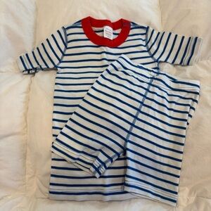 Hanna Andersson Blue and White Striped Pajama Set with Red Trim